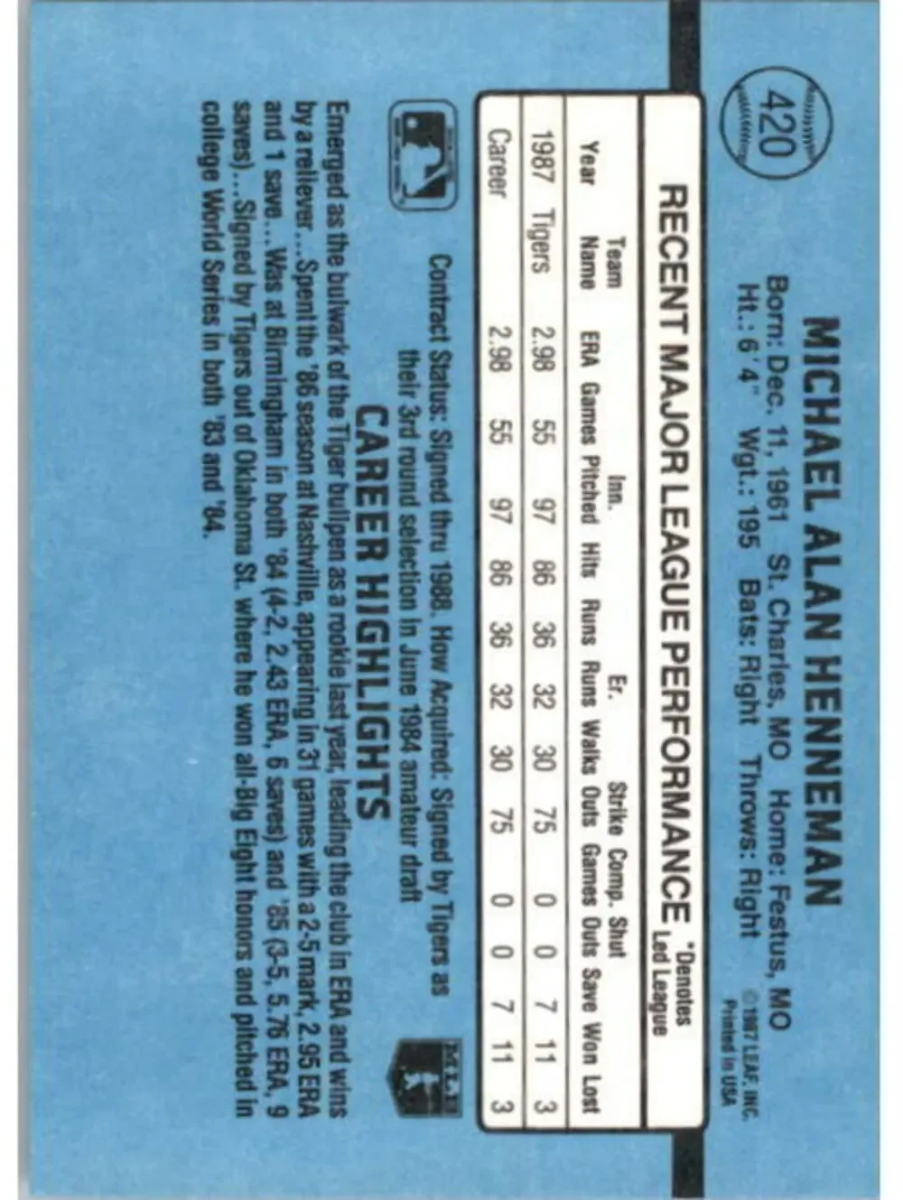 1988 Mike Henneman Donruss Baseball Card #420